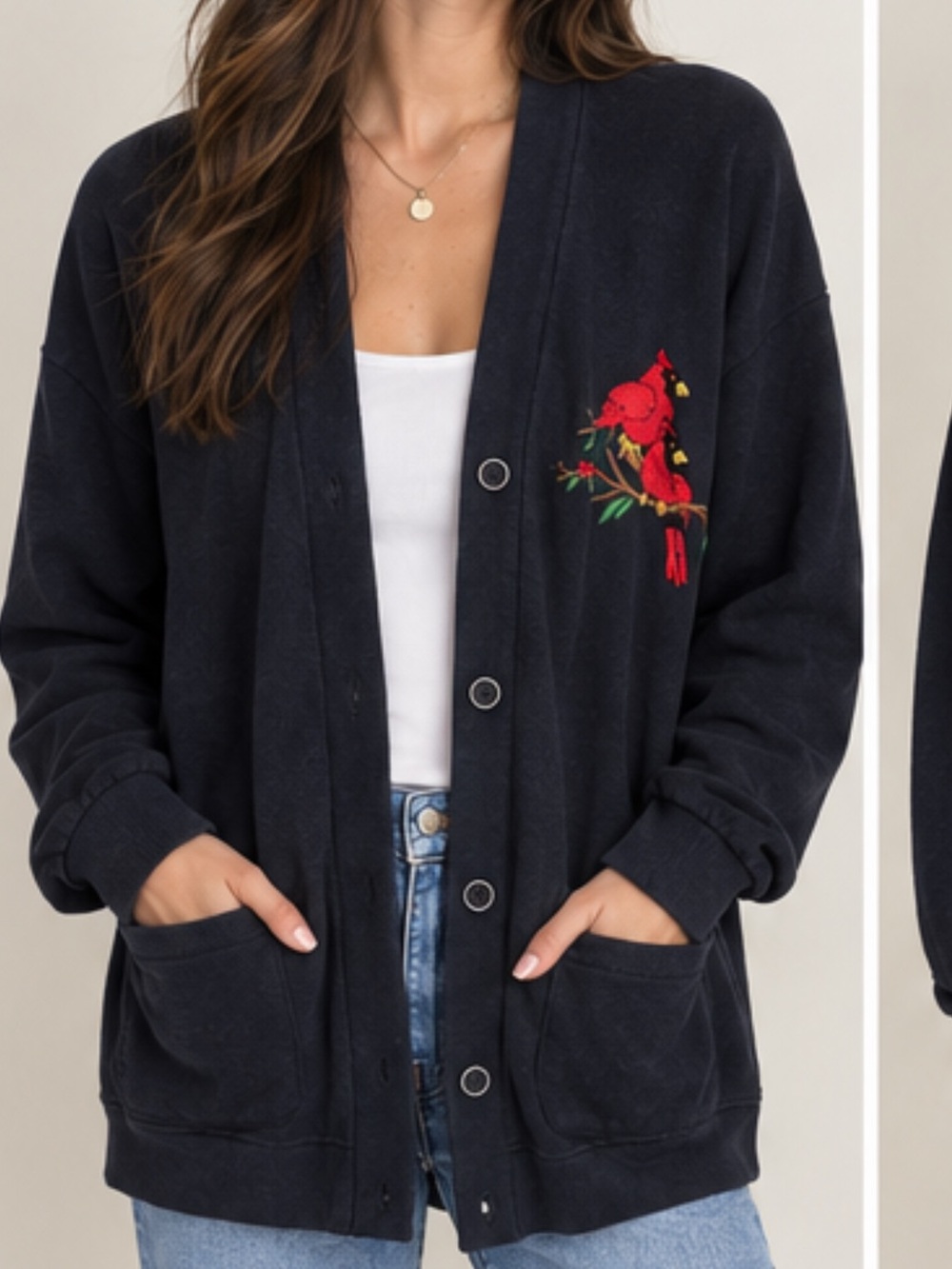 Made in Italy Women's Navy Cardigan Sweater with Red Embroidered Bird